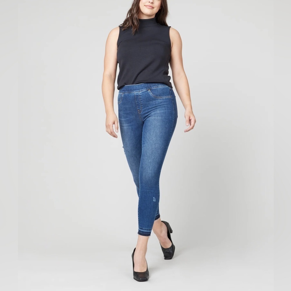 Spanx Distressed Ankle Skinny Jeans Medium Wash Womens XL Blue Raw Hem Hi Rise